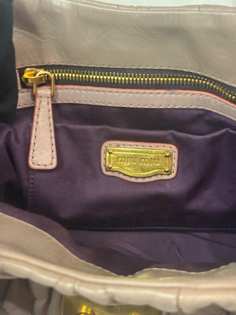 MIU MIU Matelasse Lux Satchel Cammeo Taupe Braided Handle Gold Turn Lock Lambski